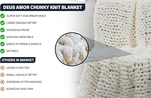 Miniatura 5 de Deus Amor Manta de punto grueso  2 colores blanco crema y gris claro transpirable para sofá  50 x 60 pulgadas, 100% tejida a mano, manta bohemia
