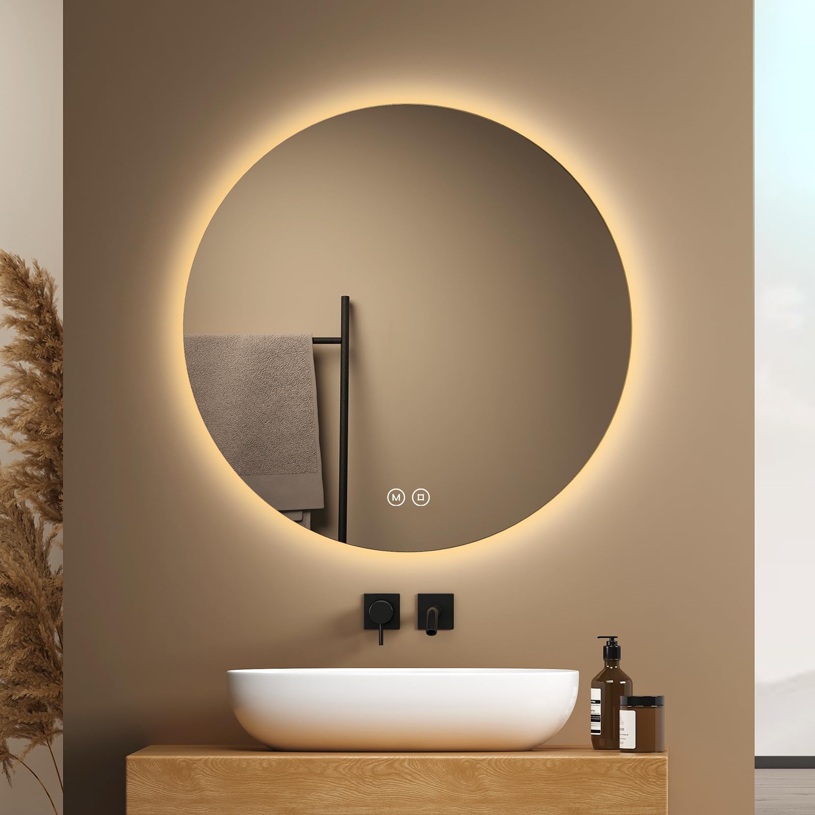 EMKE Runder Badspiegel mit Beleuchtung 60 cm – Spiegel mit 3 Lichtfarben, dimmbar, Touch, Memory-Funktion, energiesparend – Badezimmerspiegel & Wandspiegel