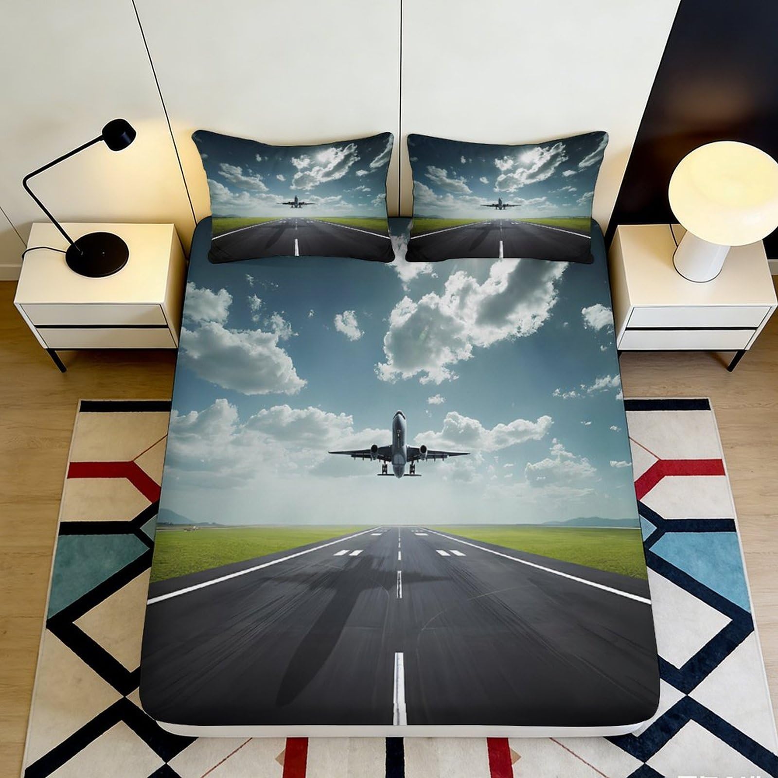 3D Printed Airplane Runway Fitted Sheet Microfiber Durable Soft 3D Printed Sky Bed Cover for Bedroom Dormitory Guest Room Mattress Protection 120x200x25cm