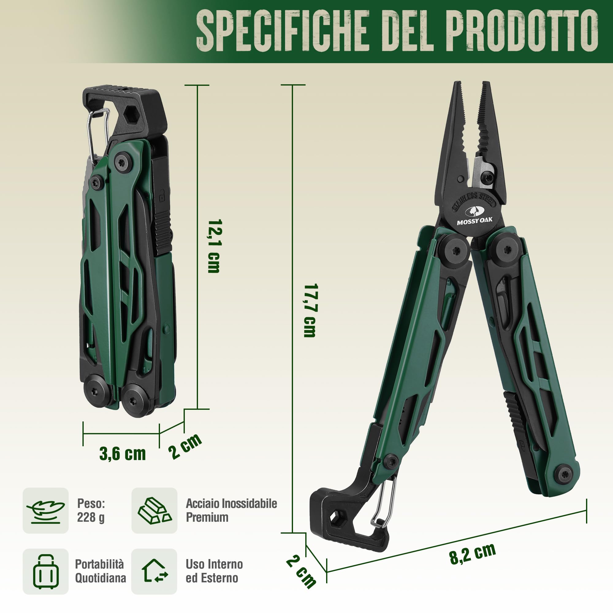 Mossy Oak 27-in-1 Pinza Multifuzione in Acciaio Inossidabile, Multitool Pieghevole con 4 Punte, Ideale per Escursioni, Campeggio e Riparazioni, Compreso Astuccio, Verde