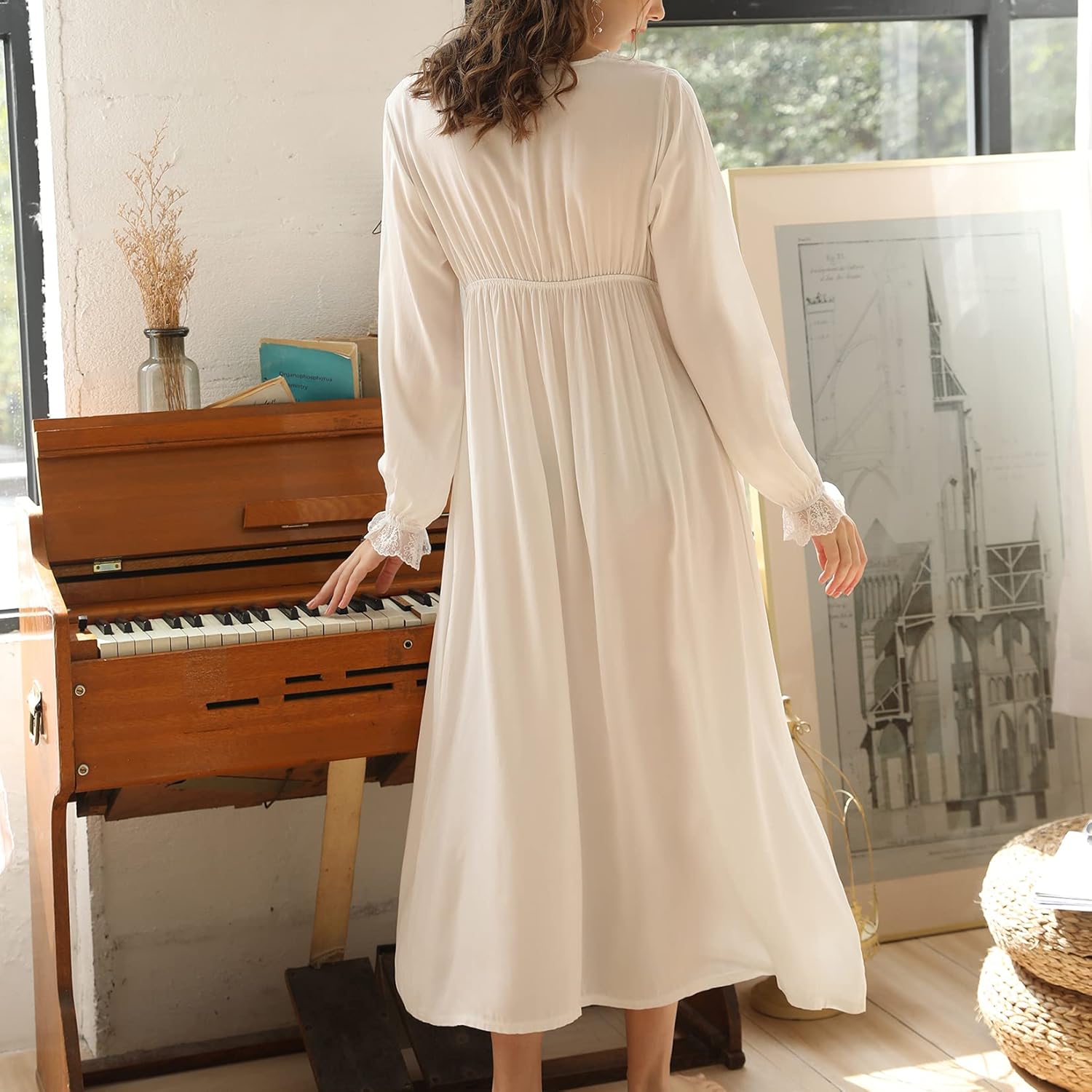 Lu's Chic Women's Long Sleeve Nightgown Cotton Pajama Dress Sleep Victorian Night Gown V Neck - Image 2