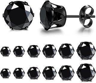 FIBO STEEL Stainless Steel Mens Womens Stud Earrings Black Round Cubic Zirconia Inlaid, 6 Pairs 3mm-8mm