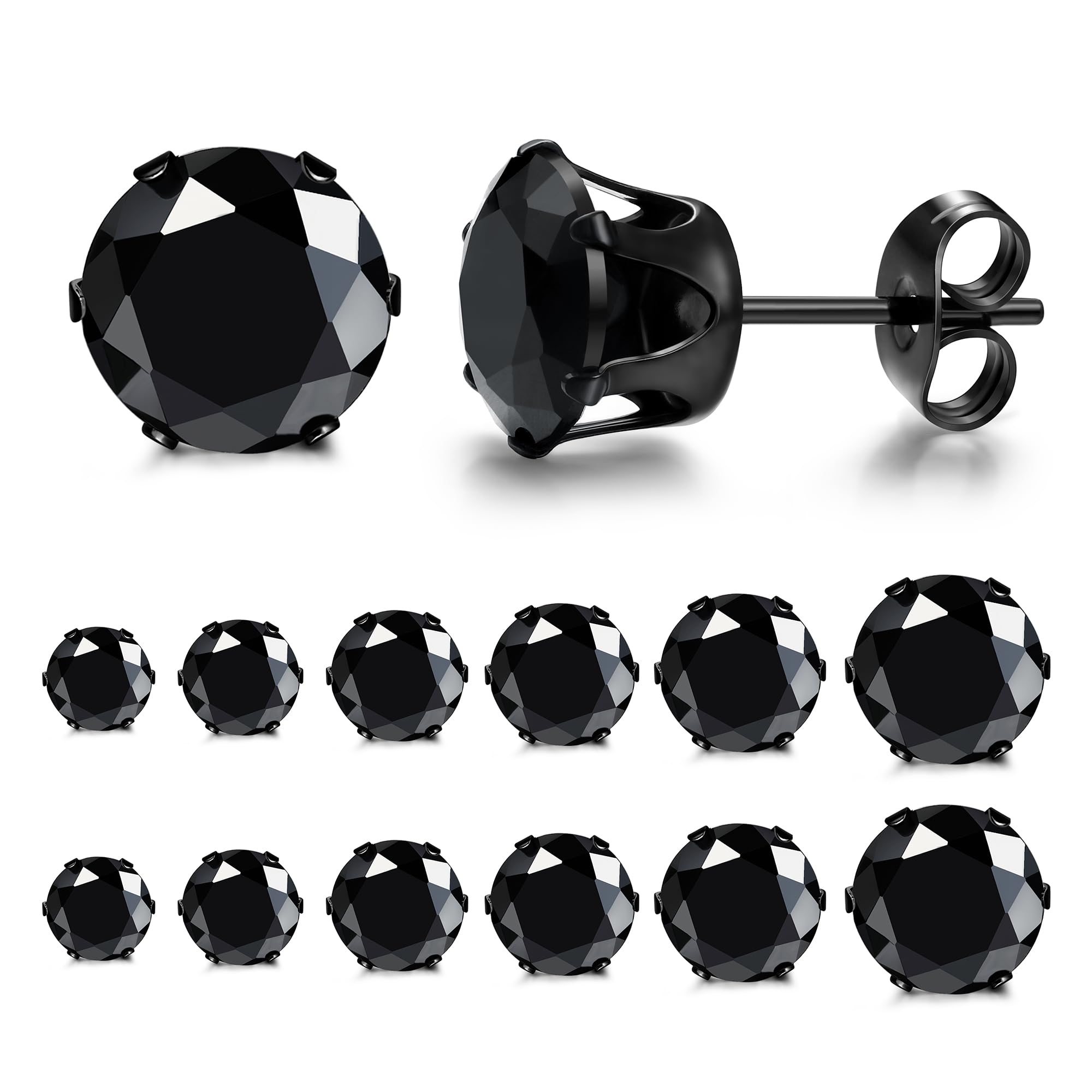 Stainless Steel Mens Womens Stud Earrings Black Round Cubic Zirconia Inlaid, 6 Pairs 3mm-8mm