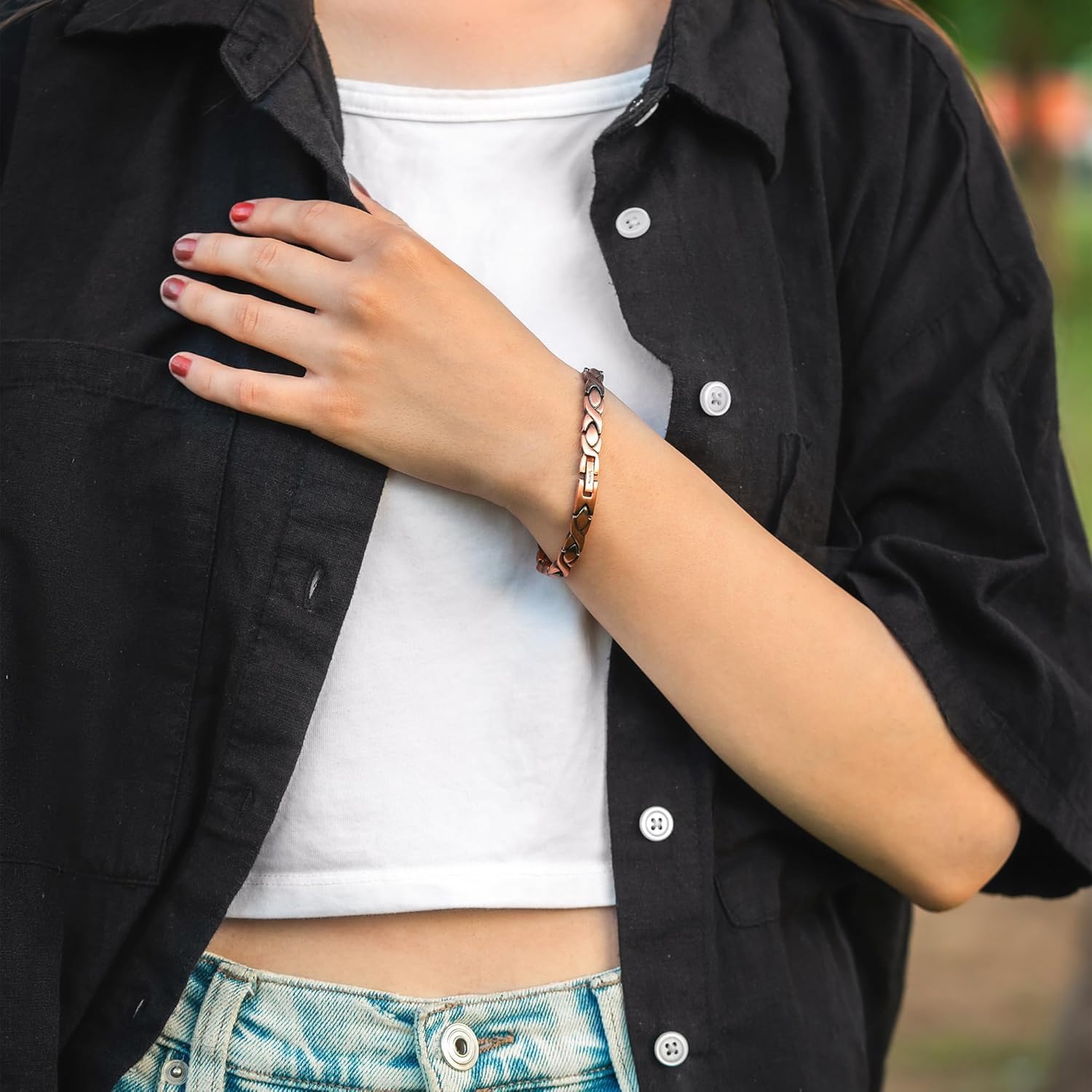 Pulsera de Cobre Puro Mujer MagnetRX – Pulsera Magnética Ajustable Terapéutica con Herramienta de Talla (Estilo XO)