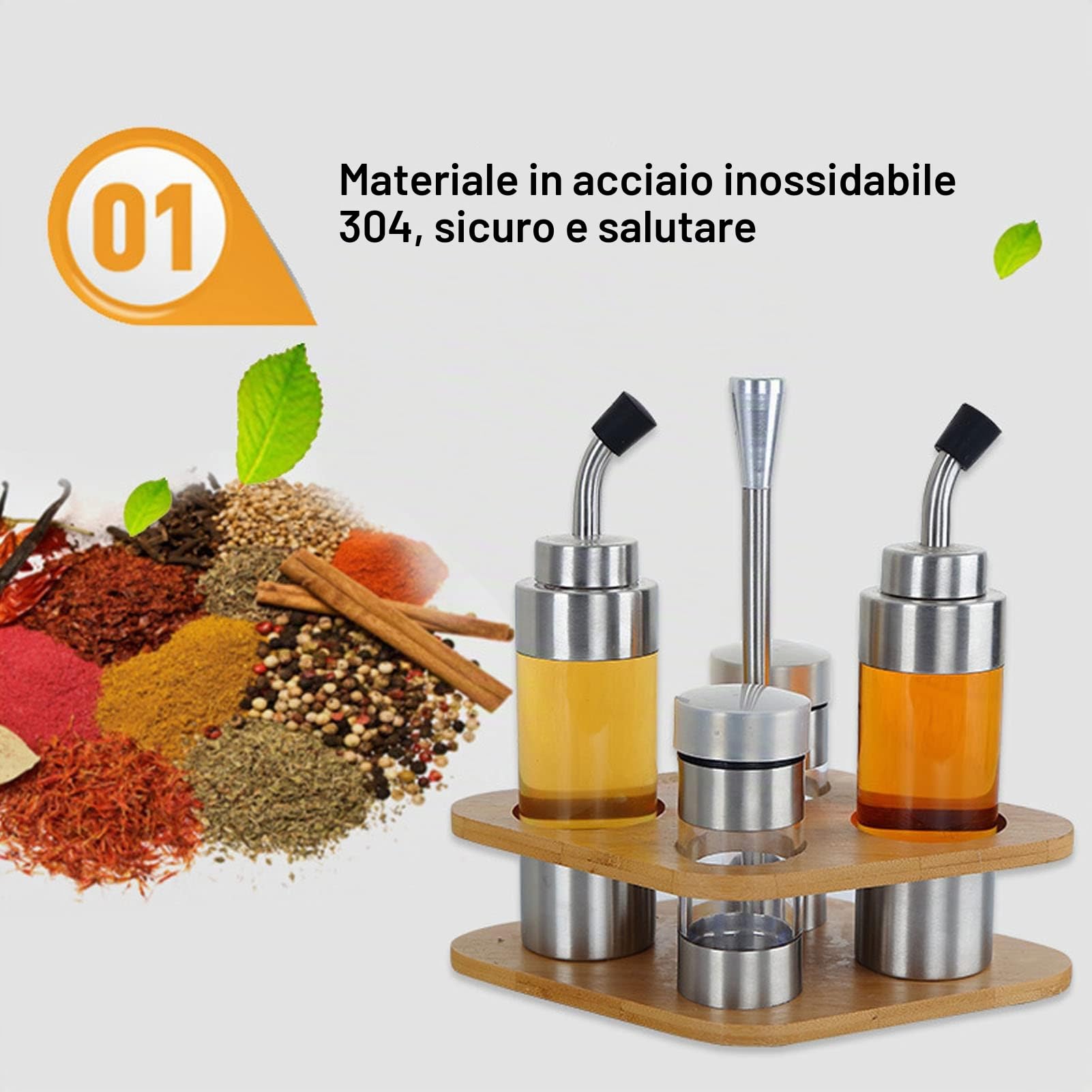 Set Dispenser di Sale Per Olio di 4 Bottiglie con Rack in Legno, 2 Bottiglie Dispenser di Olio, 2 Bottiglie di Spezie in Polvere, Set di Condimenti Sale Aceto Pepe Per Tavolo della Cucina