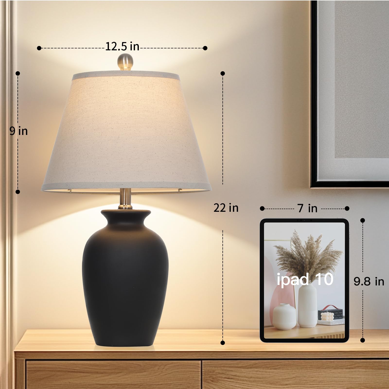 Condition photo showing As Is for cinkeda 22" black ceramic farmhouse table lamp with ginger jar design - for living room,dining room,bedroom,office,nightstand,end table