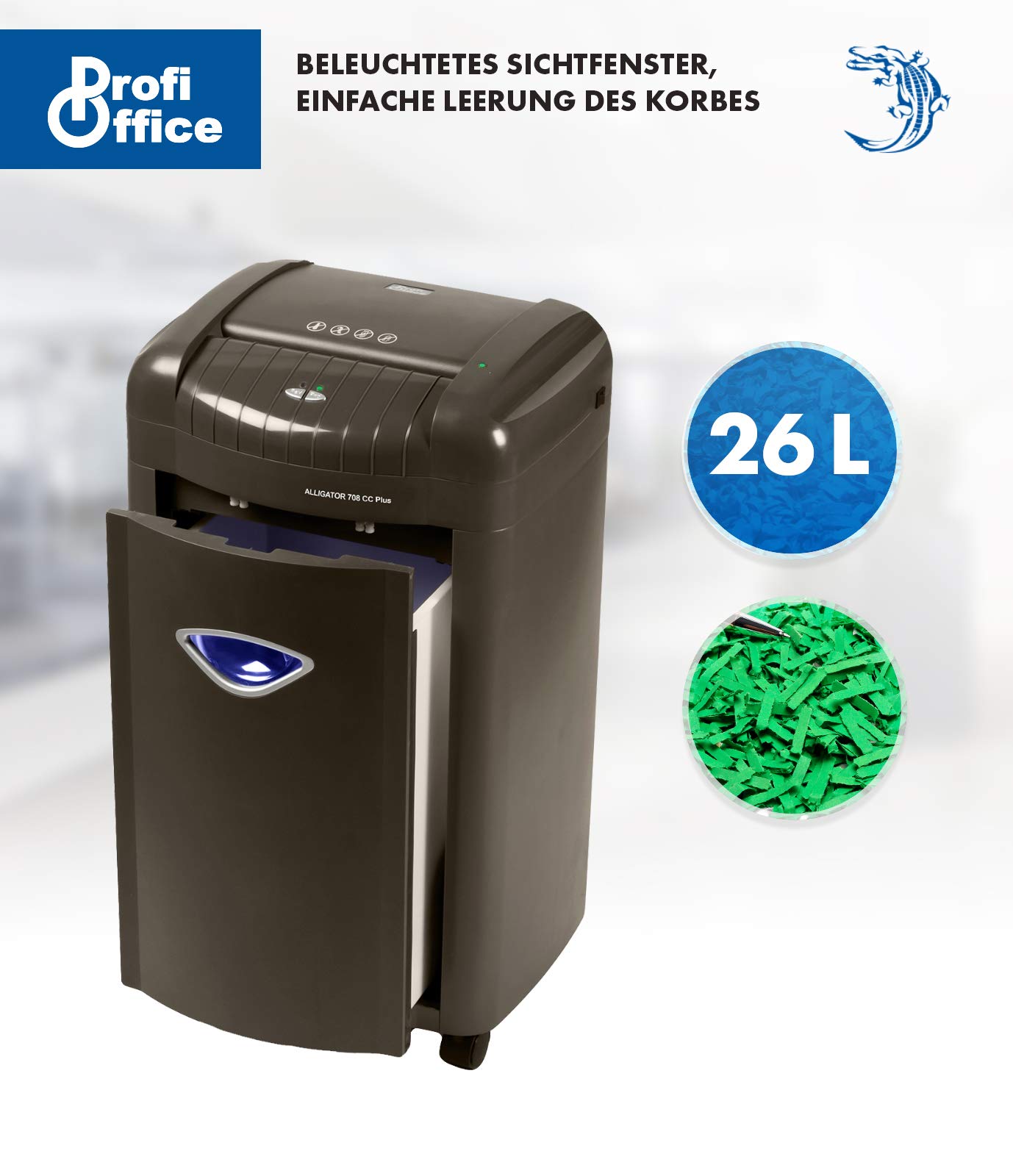 Destructora de Papel Alligator 708 CC+ – Trituradora Silenciosa Corte Cruzado P-4 | Whisper Technology | para Oficina y Hogar, Papelera 26L con Iluminación, 8 Hojas, 500W