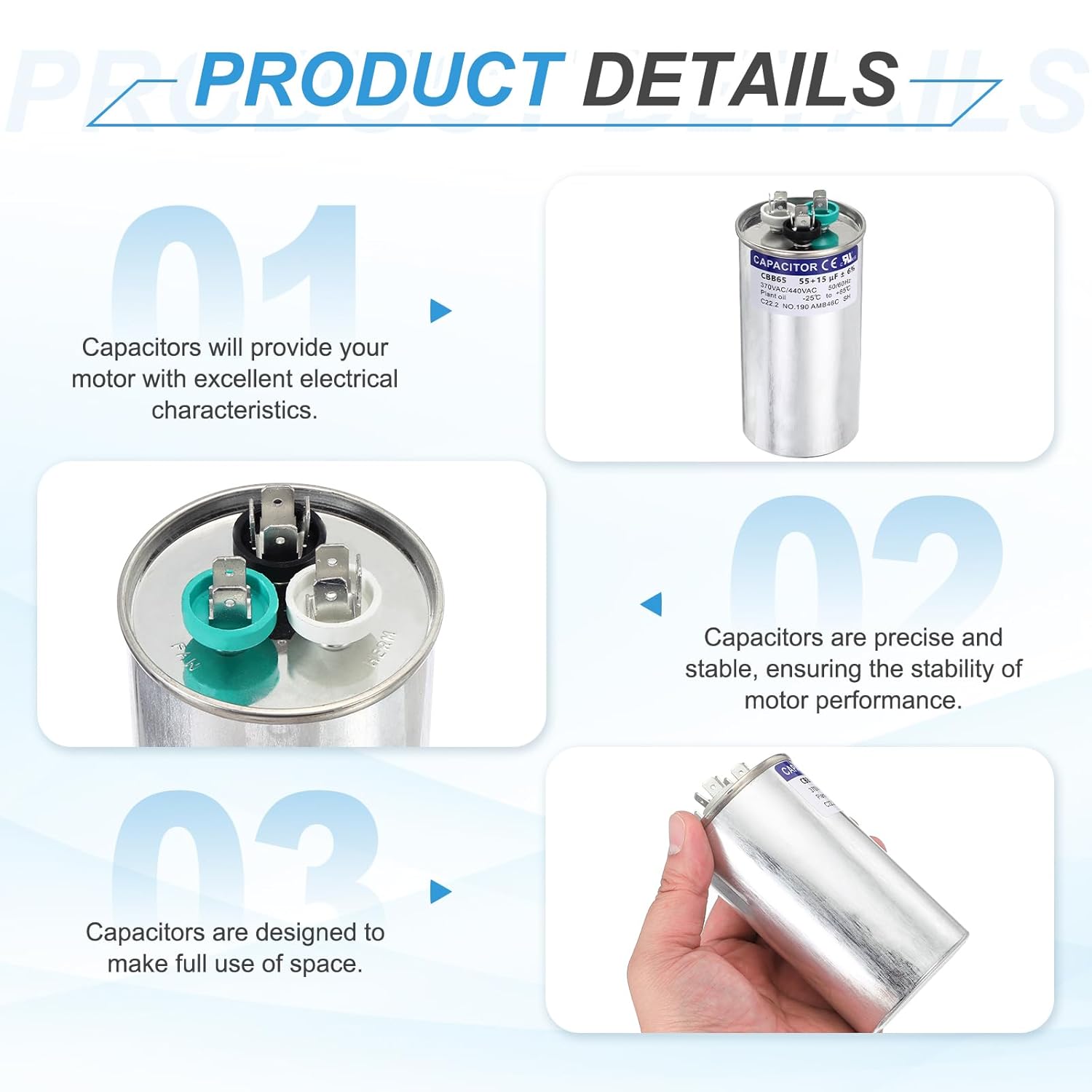 MECCANIXITY 2Pcs 55+15MFD CBB65 Run Start Capacitor 55+15uF, 370/440V Round AC Capacitor for AC Motor Run, HVAC, Air Conditioner, Condenser Motors