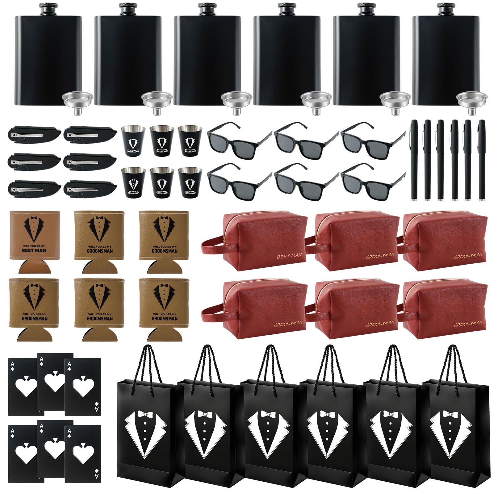 60 Pcs Groomsmen Proposal Gifts Set of 6 – Gift Bags with Shot Glasses Sunglasses PU Leather Toiletry Bag Bottle Opener Combs Coasters for Wedding Groomsman Best Man Bachelor Party