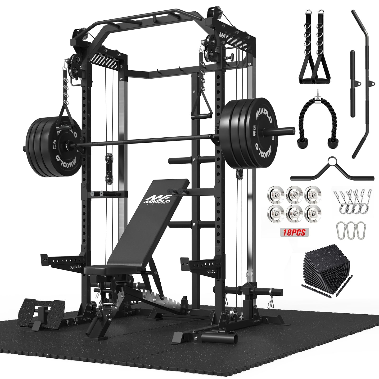 Mikolo HR06 Power Cage with Aluminum Pulleys, 2000LB Power Rack with Independent Dual Pulley System, Multi-Function Home Gym Workout Machine for Cable Crossover