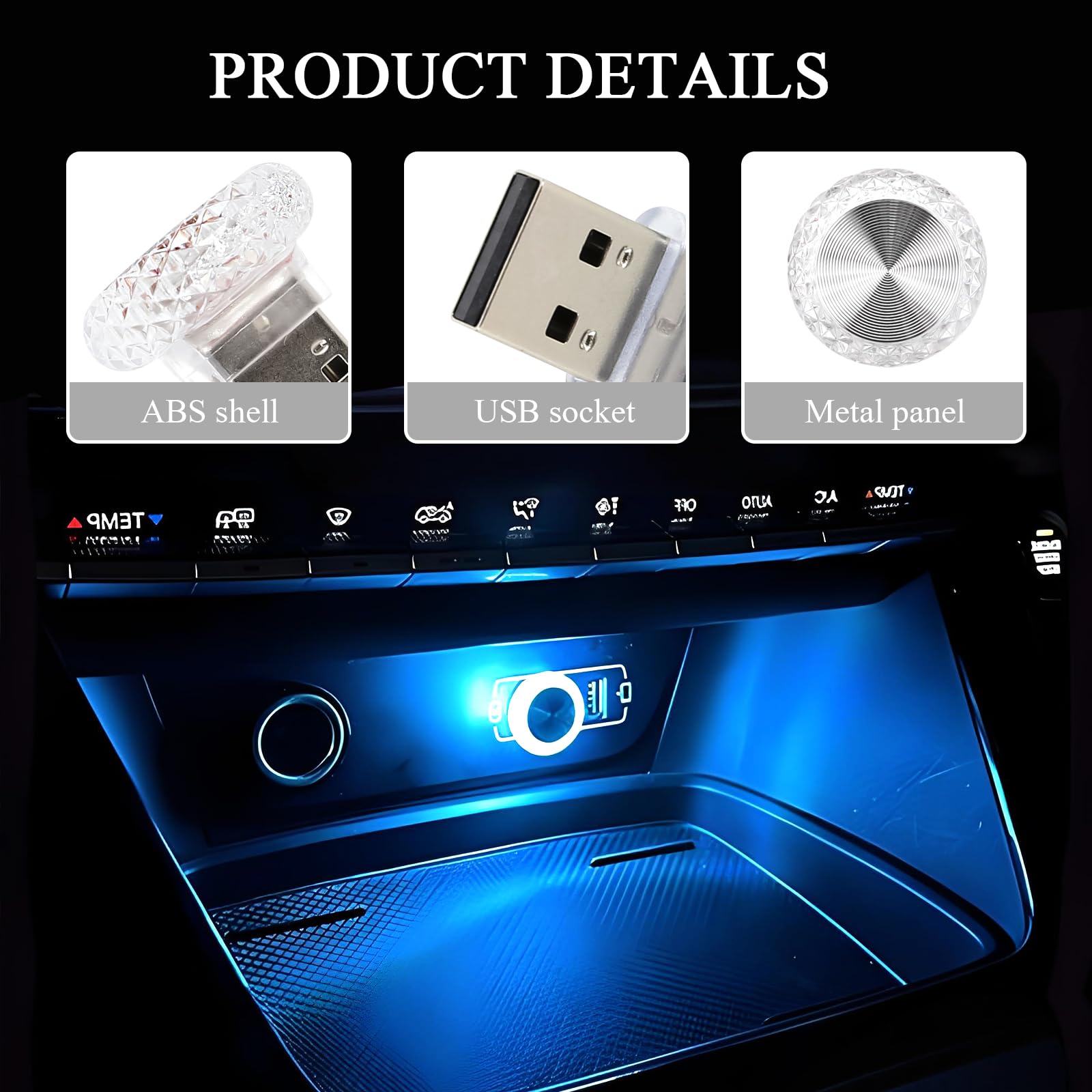 Hovom 4PCS USB LED Car Interior Atmosphere Lamp, Portable Mini Car LED Night Light Decoration, Plug-in USB Automotive Ambient Lighting Kit, Universal for Cars SUVs Trucks RVs (Ice Blue)