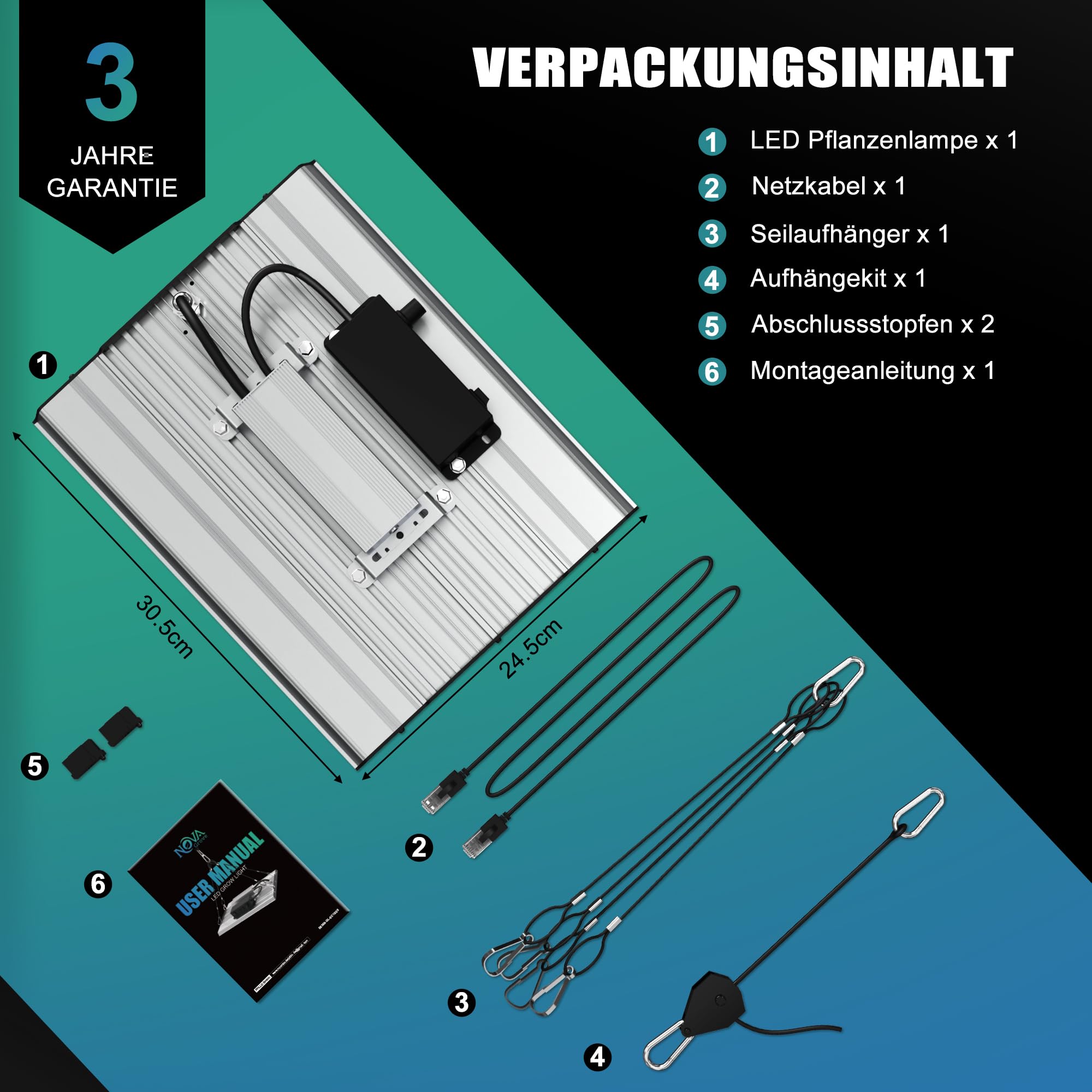 NovaGrove Lampa LED do uprawy roślin, pełne spektrum, 100 W, lampa do uprawy roślin, 60 x 60 cm, z możliwością ściemniania i łańcuchem stokrotki, EC10
