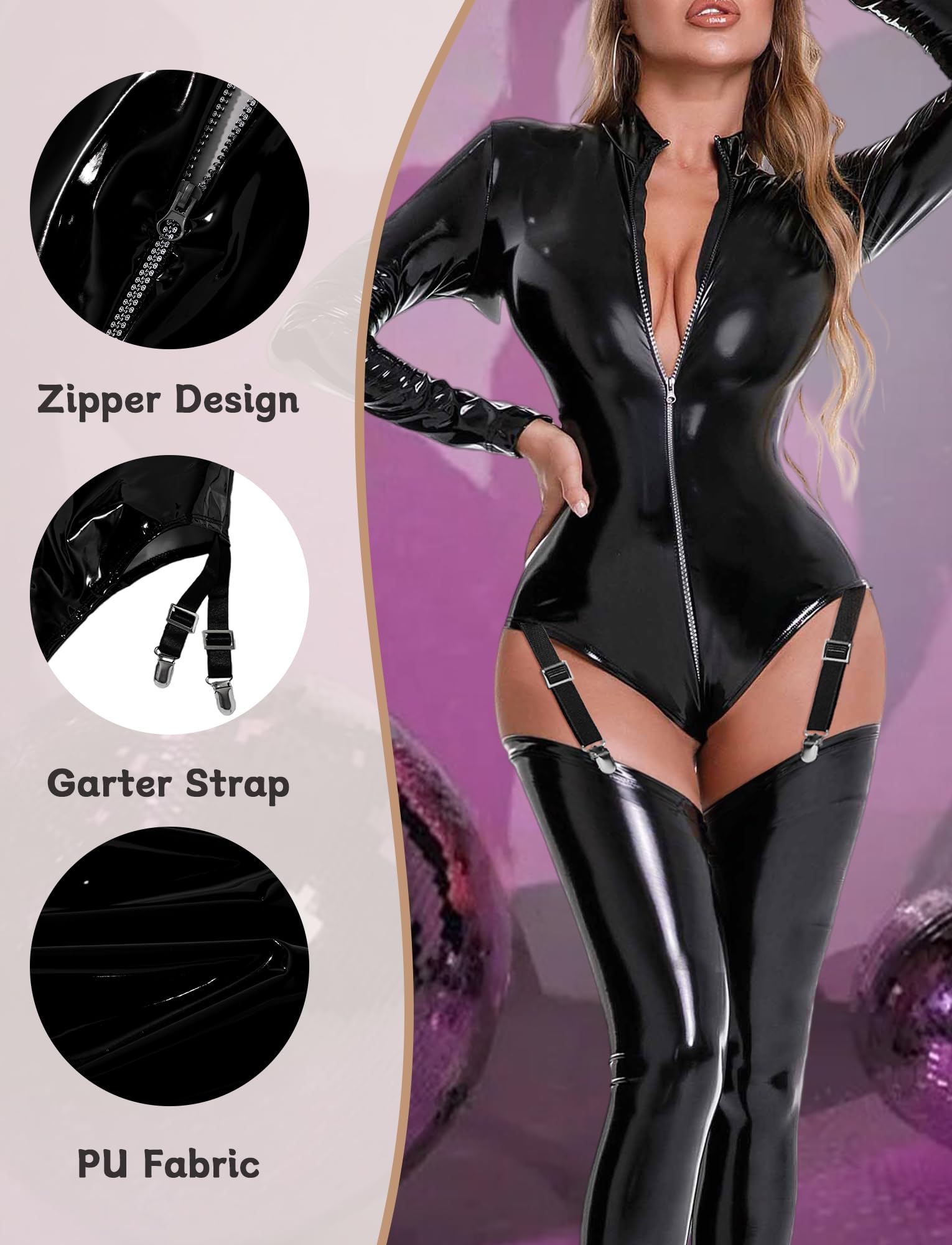 FEOYA Bodys Femmes Cuir Wetlook Lingerie Jumpsuit Latex Stringbody Manches Longues avec Brillant Bas EU XS-XL (Asie S-3XL)