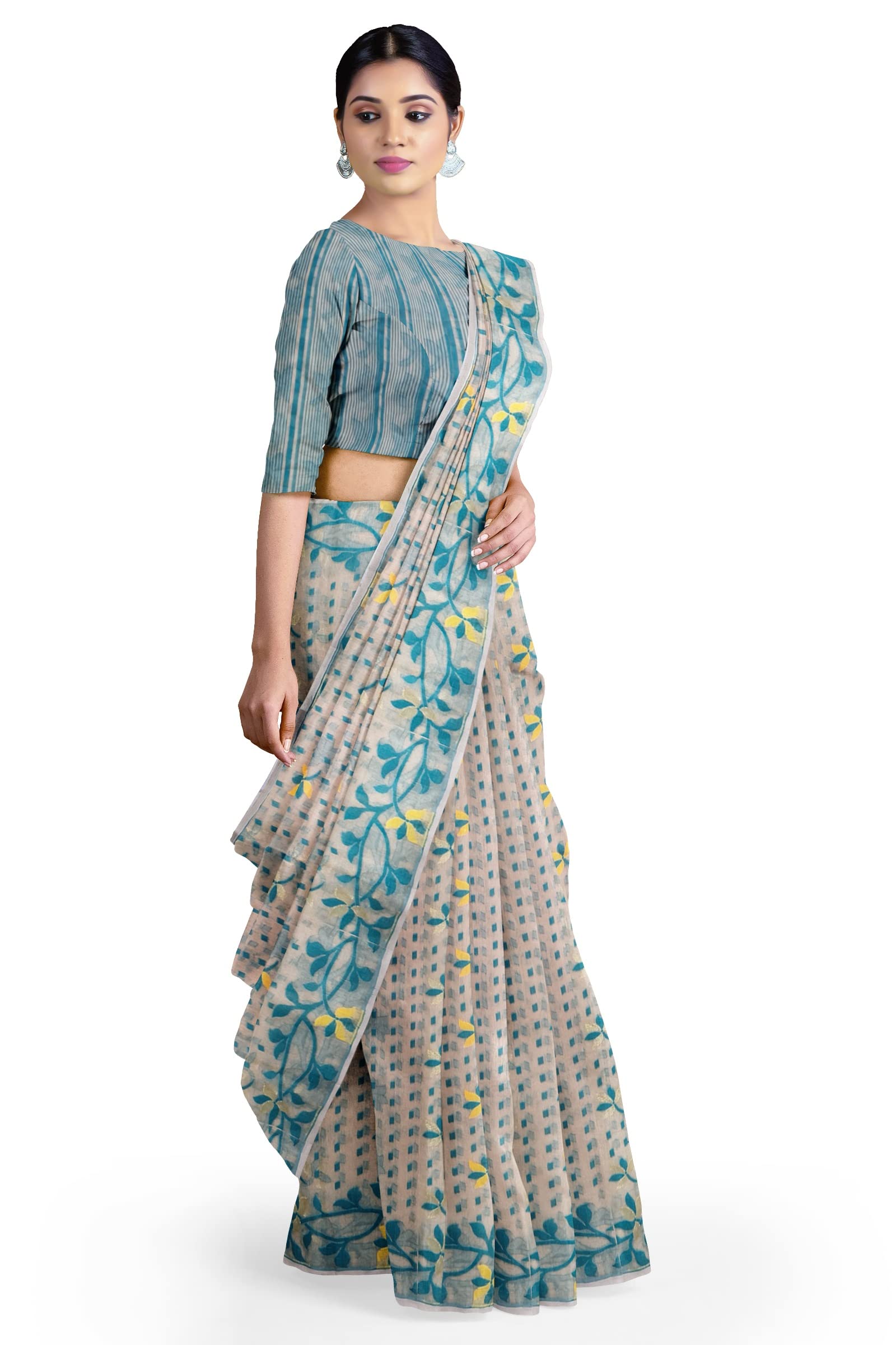 Women Traditional Bengal Soft Cotton Silk Jamdani Saree Without Blouse Piece | Lightweight Saree for Festival Use-image-40