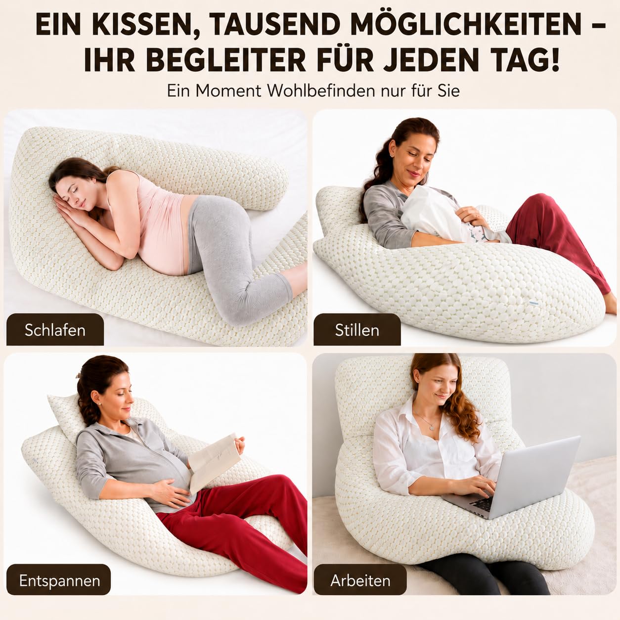 Schwangerschaftskissen XXL – Seitenschläferkissen für Schwangere – Ergonomisches Körperkissen für Bauch, Rücken und Beine – Stillkissen – Waschbarer Bezug – 180 cm