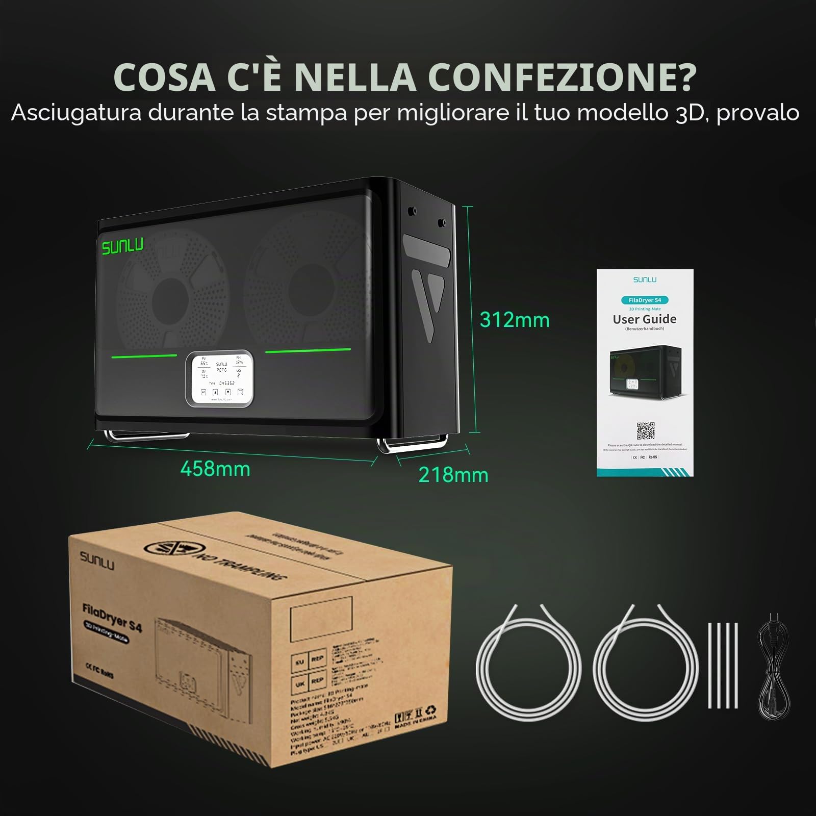 Ufficiale S4 Scatola Essiccatore per Filamenti, Aggiornamento Disidratatore per filamenti a 4 bobine con Bilanciamento della Temperatura, Auto-controllo dell'Umidità, per PLA TPU PETG ABS Nylon