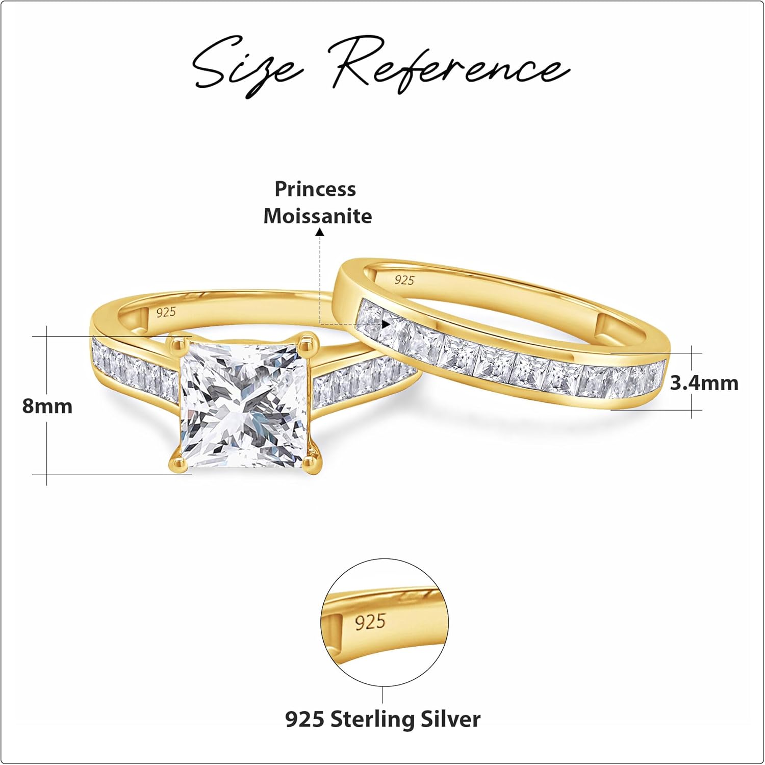 Princess Cut Bridal Set Ring, 7MM Center, Lab Created Moissanite, 3 Cttw or 4 Cttw, 925 Sterling Silver, 10K & 14K Gold, Engagement & Wedding Jewelry for Women