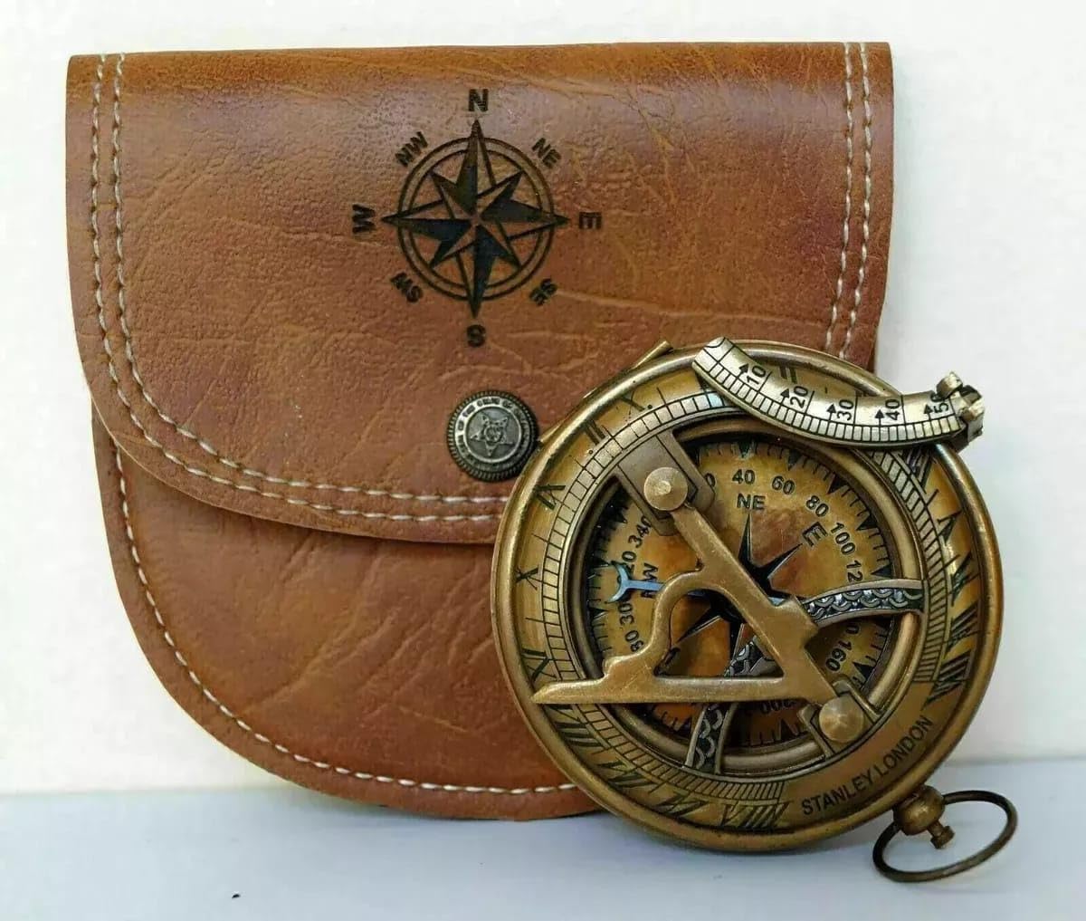 SF Enterprises Antique Brass Sundial Compass with Leather Case, Stanley Navigation Tool-image-10