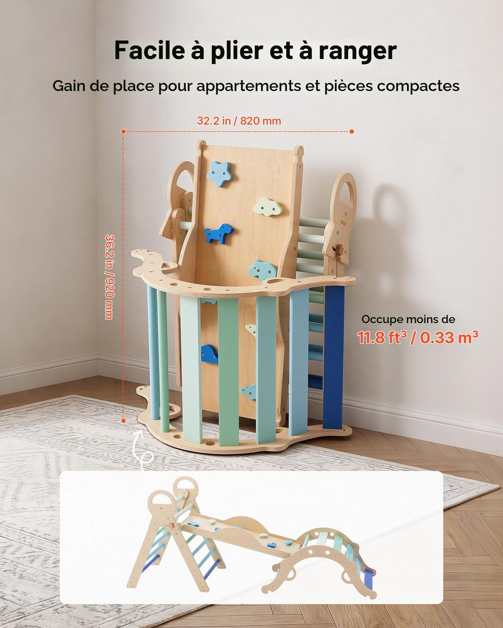 VEVOR Triangle d'escalade 9 en 1, Triangle de Pikler avec 2 Voitures en Bois, Coussin, Triangle, Arche et Rampe, Parcours Motricité Intérieur Montessori pour Bébé et Enfants, Charge Max 68 kg, Bleu