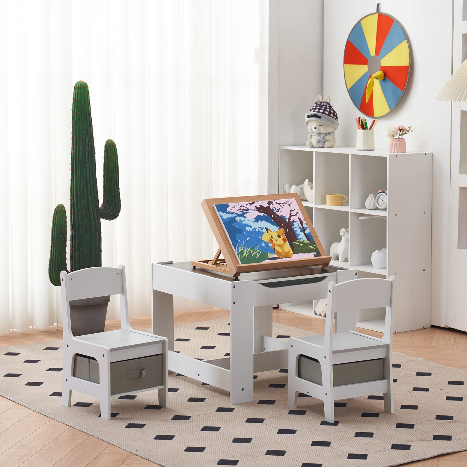 LEADZM Bureau pour Enfants, Table 3-en-1 avec 2 Chaises (3 pièces), à Dessin avec Espace de Rangement en Bois - Table Polyvalente pour Manger, Étudier et Jouer (Gris)