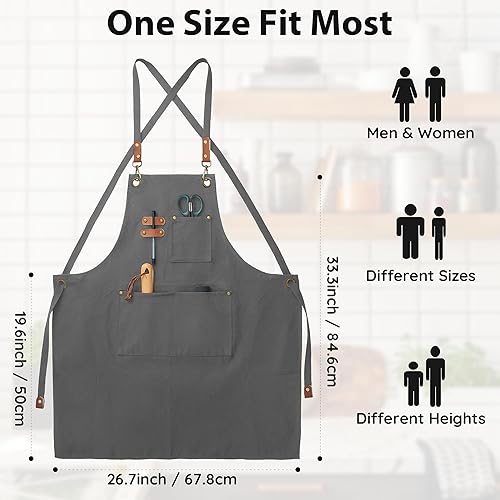Miniatura 10 de Delantales de lona, delantales de chef de cocina, delantales de trabajo para hombres y mujeres, delantales con correa ajustable con 3 bolsillos