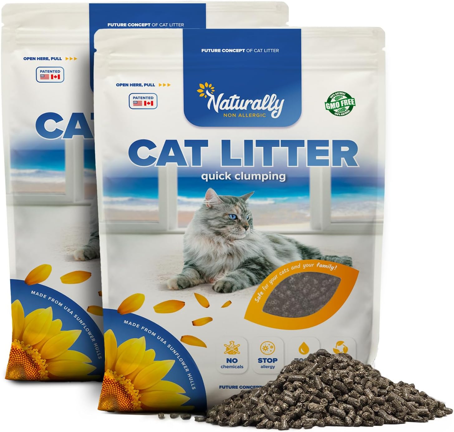 Natural Cat Litter Pellets, Sunflower Hull Formula with Natural Ingredients, Strong Odor Control, 22 lb