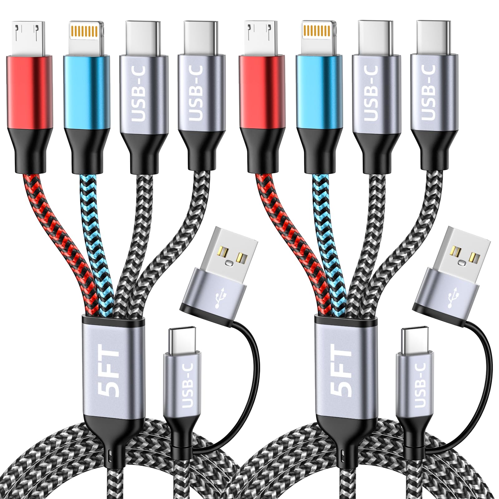 Cavo di ricarica USB A/C 4 in 2 per più dispositivi, doppia porta di tipo C, 2 confezioni da 1,5 m, cavo di ricarica in rame stagnato per iPhone16/15/14, tablet pad, altro