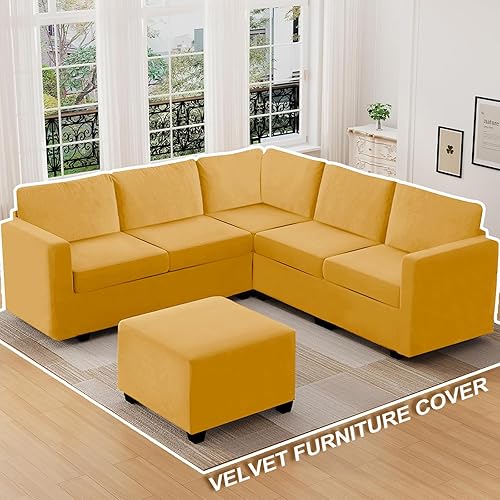 Miniatura 2 de Funda de terciopelo para sofá, lavable para base separada, respaldos y cojines de asiento, funda para sofá en forma de UL (dorado, cojín