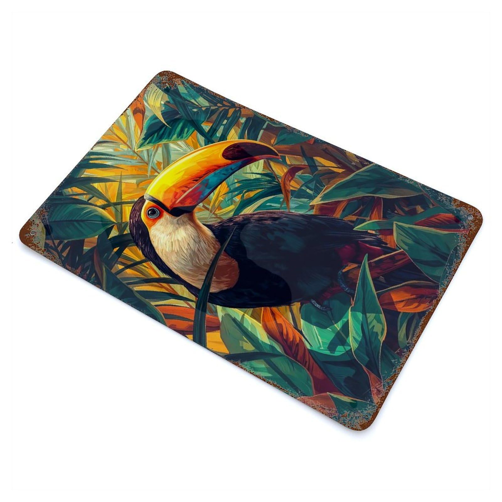 Aged Metal Wall Plaque with Vibrant Tropical Toucan in Lush Jungle Design 11.8"x7.9", for Pub, Kitchen And Man Cave Decor, Shabby Chic Decor