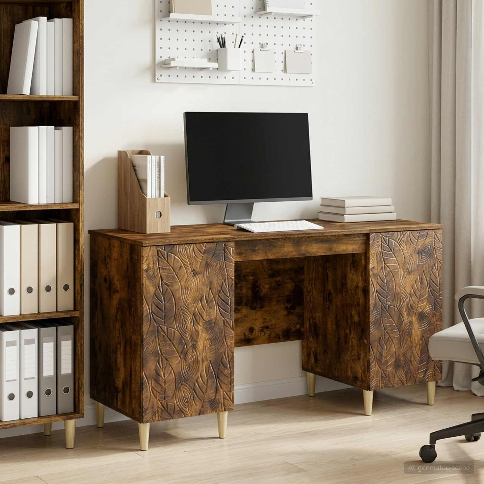 Scrivania in rovere affumicato, 142,5 x 50 x 75 cm, con spazio per ufficio e home office, moderno tavolo da lavoro con scaffale e gestione dei cavi