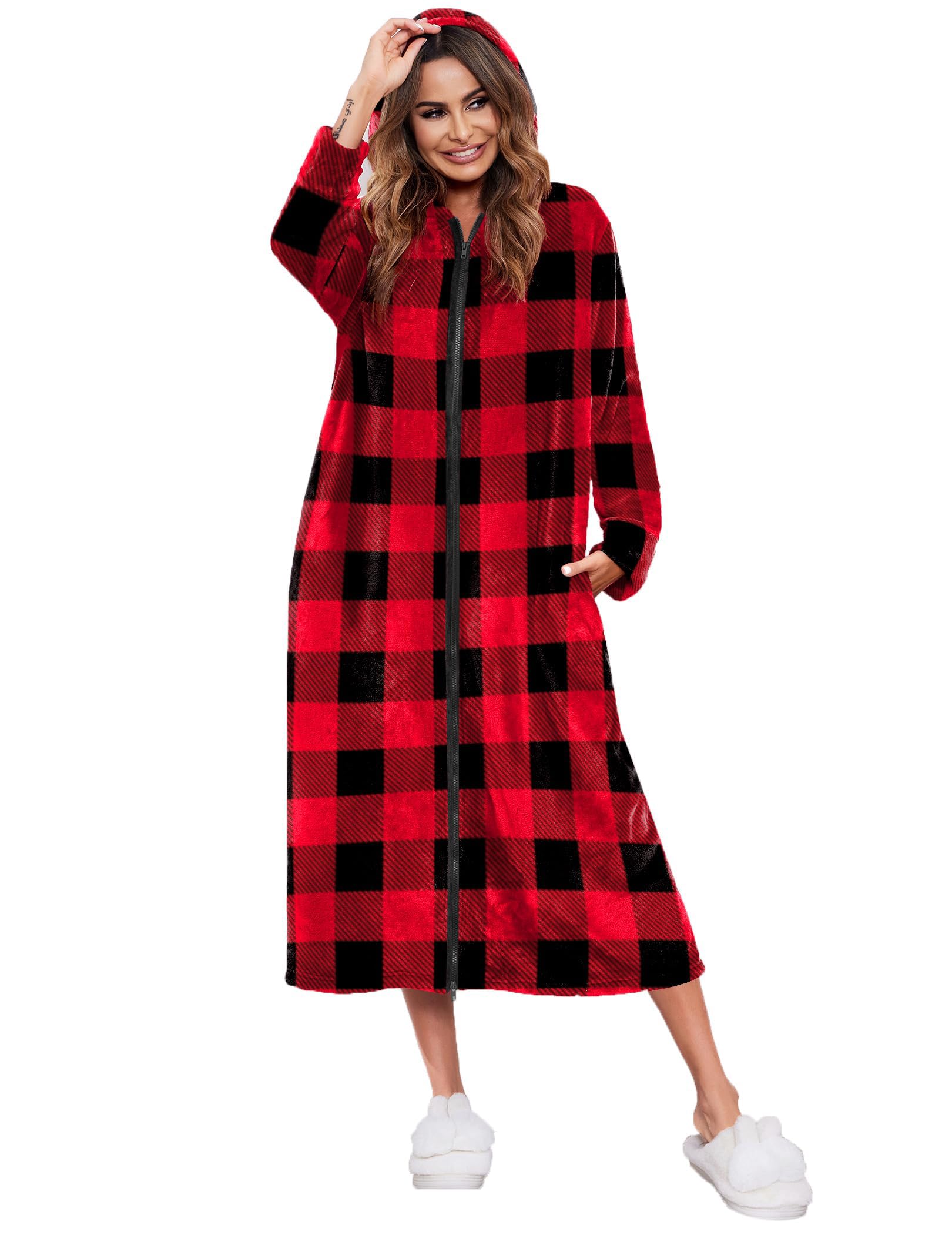 Ekouaer Fleece Robes for Women Hooded Plush Zipper Front Long Bathrobe Warm House Robe Sleepwear with Pockets