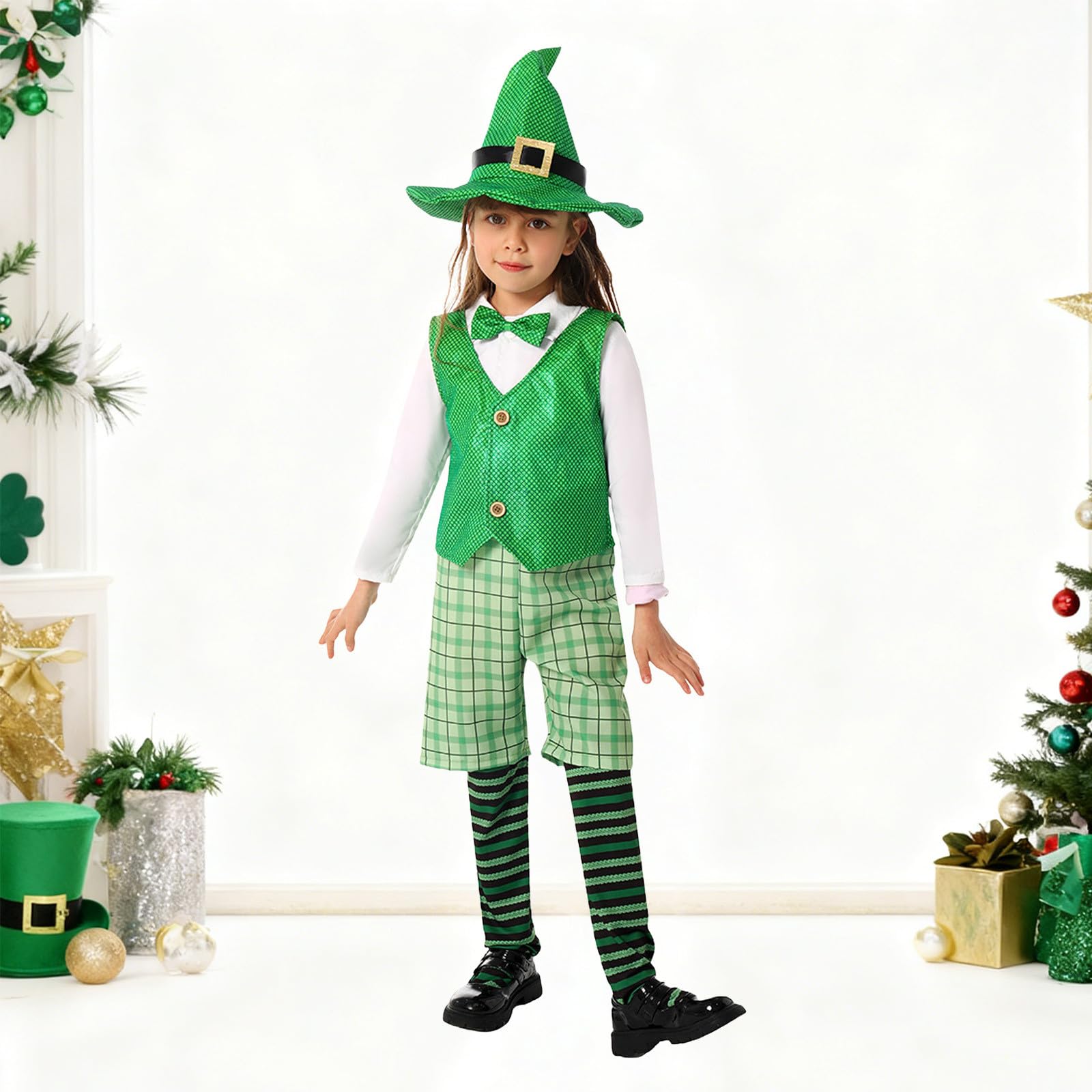 Générique Déguisement Enfant Garçon Fille Costume De Lutin Irlandais pour Fête Et Spectacle Tenue Complète avec Chapeau Déguisement Carnaval Enfant