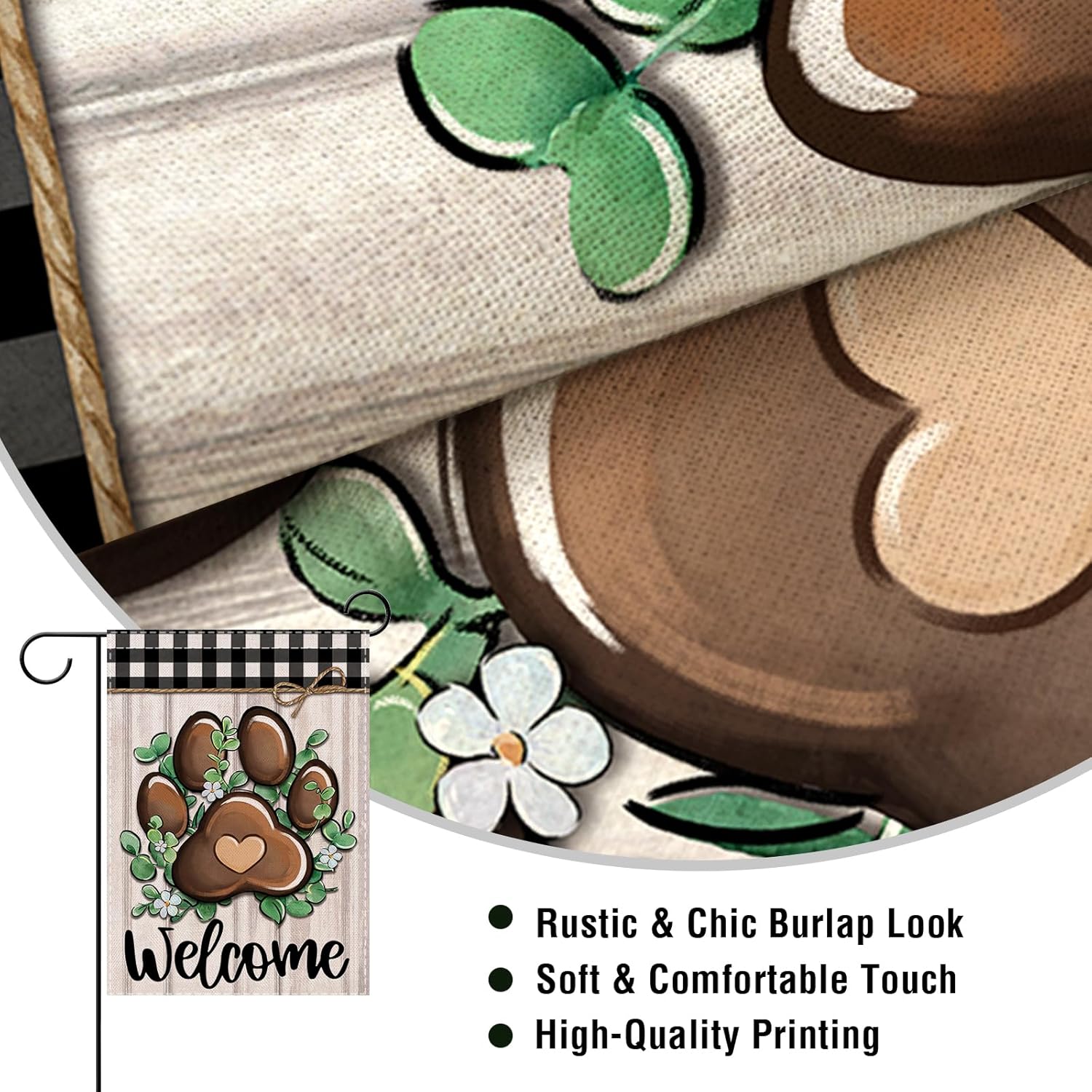 Artofy Welcome Dog Cat Paw Small Decorative Garden Flag, Eucalyptus Leaves Buffalo Plaid Check Yard Lawn Outside Decor, Farmhouse Rustic Burlap Outdoor Home Decoration Double Sided 12 x 18 - Image 3