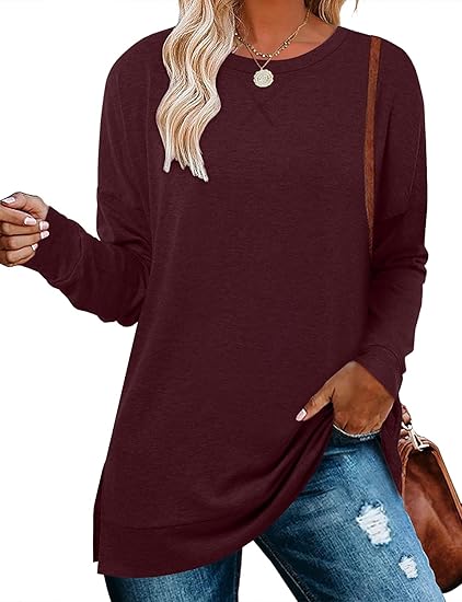 BETTE BOUTIK Women's Drop Long Sleeve Sweatshirts Casual Crewneck Tunic Tops Sweartshirts With Side Slits S-3XL