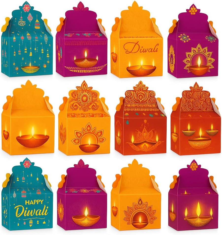 FAM Diwali Gift Boxes – 12 Pcs Temple-Style Favor Boxes –Diwali Treat Box Festive Packaging for Sweets, Dry Fruits & Return Gifts