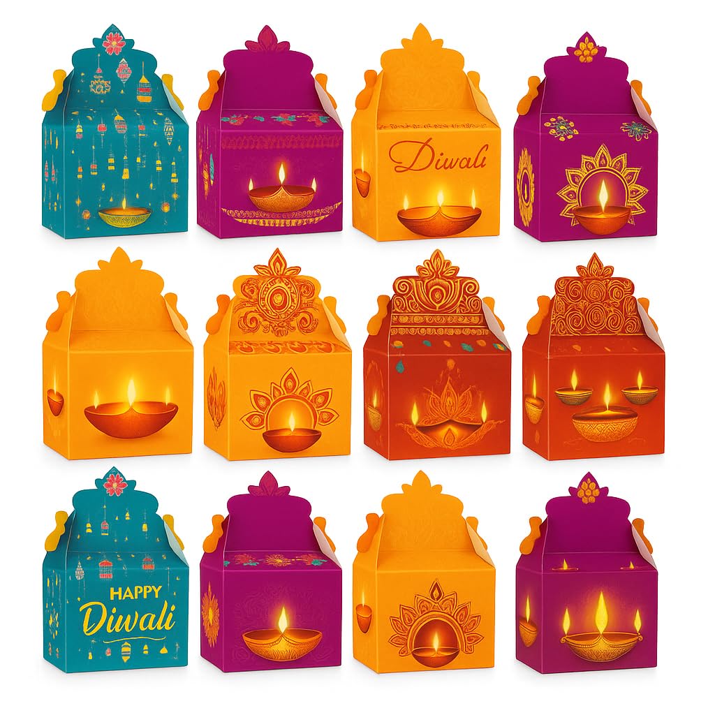 FAM Diwali Gift Boxes – 12 Pcs Temple-Style Favor Boxes –Diwali Treat Box Festive Packaging for Sweets, Dry Fruits & Return Gifts