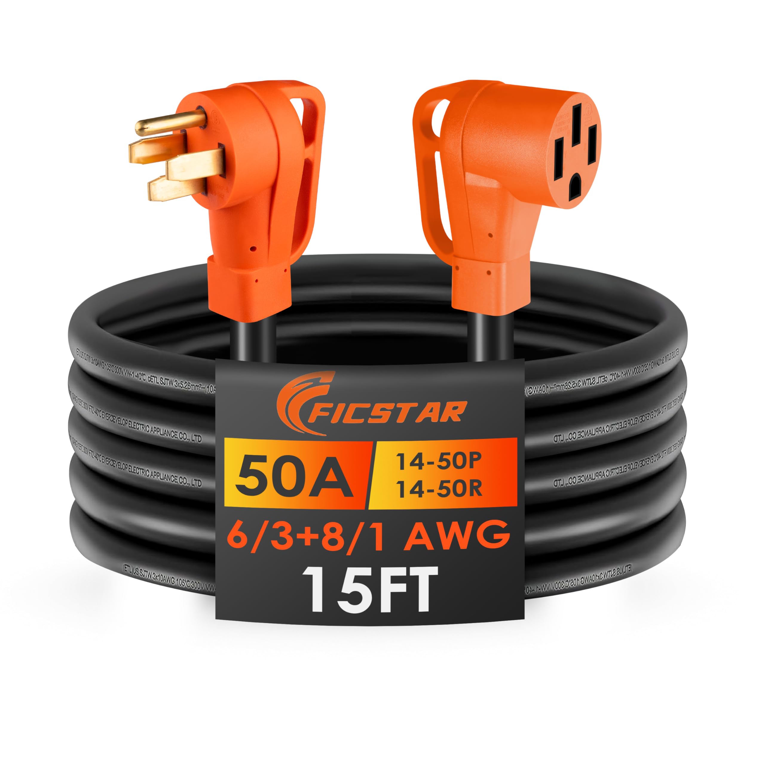 Przedłużacz do generatora RV/15 stóp 50 A z uchwytem 125/250 V 12500 W, 4 x zaślepki 6/3+8/1 STW, NEMA 14-50P do 14-50R, w zestawie