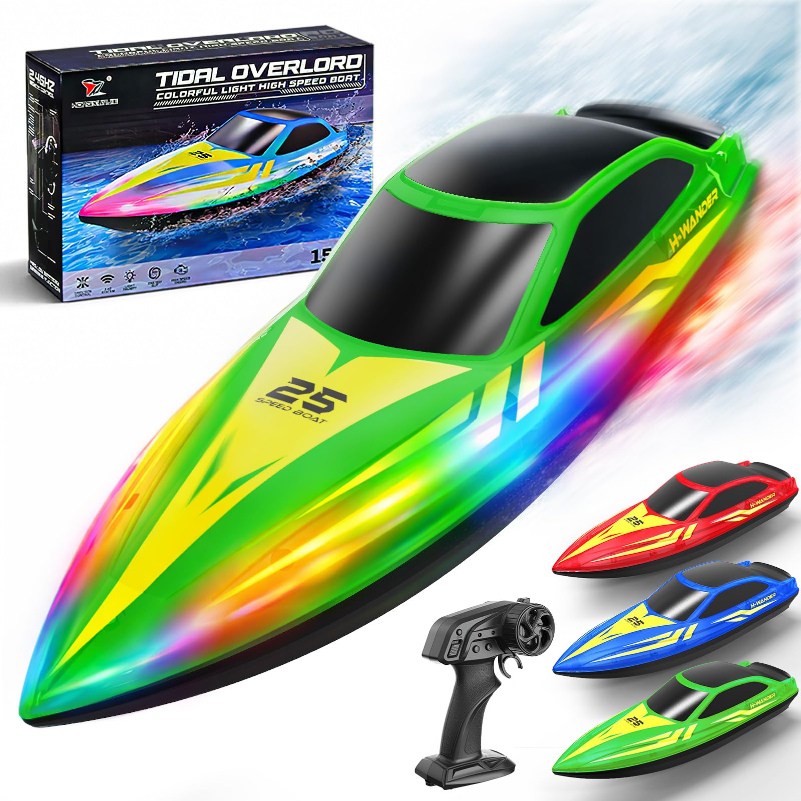 Barca Telecomandata RC 15 km/h con 7 Modalità LED Multicolore, 2.4GHz con Auto-Flip, Avviso Batteria e Fuori Portata, 2 Batterie Ricaricabili, per Piscina e Lago, Regalo per Ragazzi e Ragazze.—verde