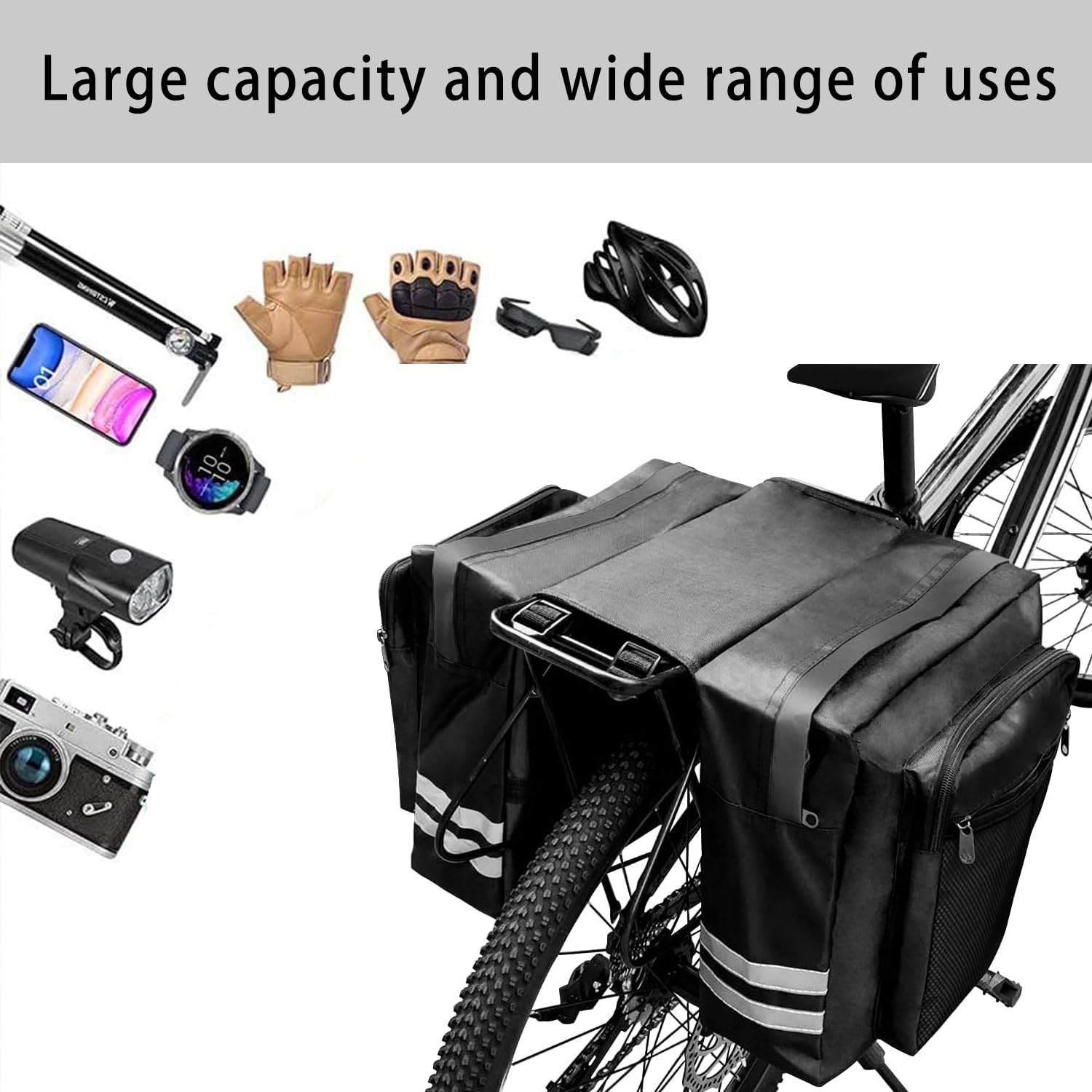 LEXICANMHS Sacoche Vélo 28L Arrière - Sacoche Porte-Bagages Étanche Avec Housse Pluie, Bandes Réfléchissantes - Gris