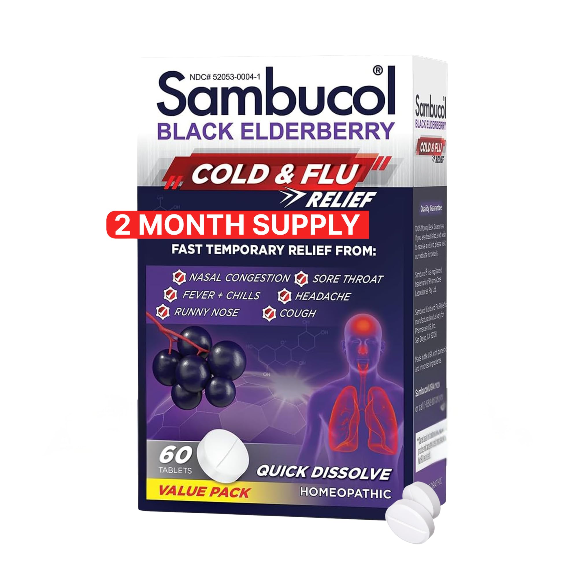 Sambucol Cold and Flu Relief Tablets - Homeopathic Cold Medicine, Cold Remedy for Adults, Black Elderberry for Colds, Zinc Cold Remedy - 60 Count