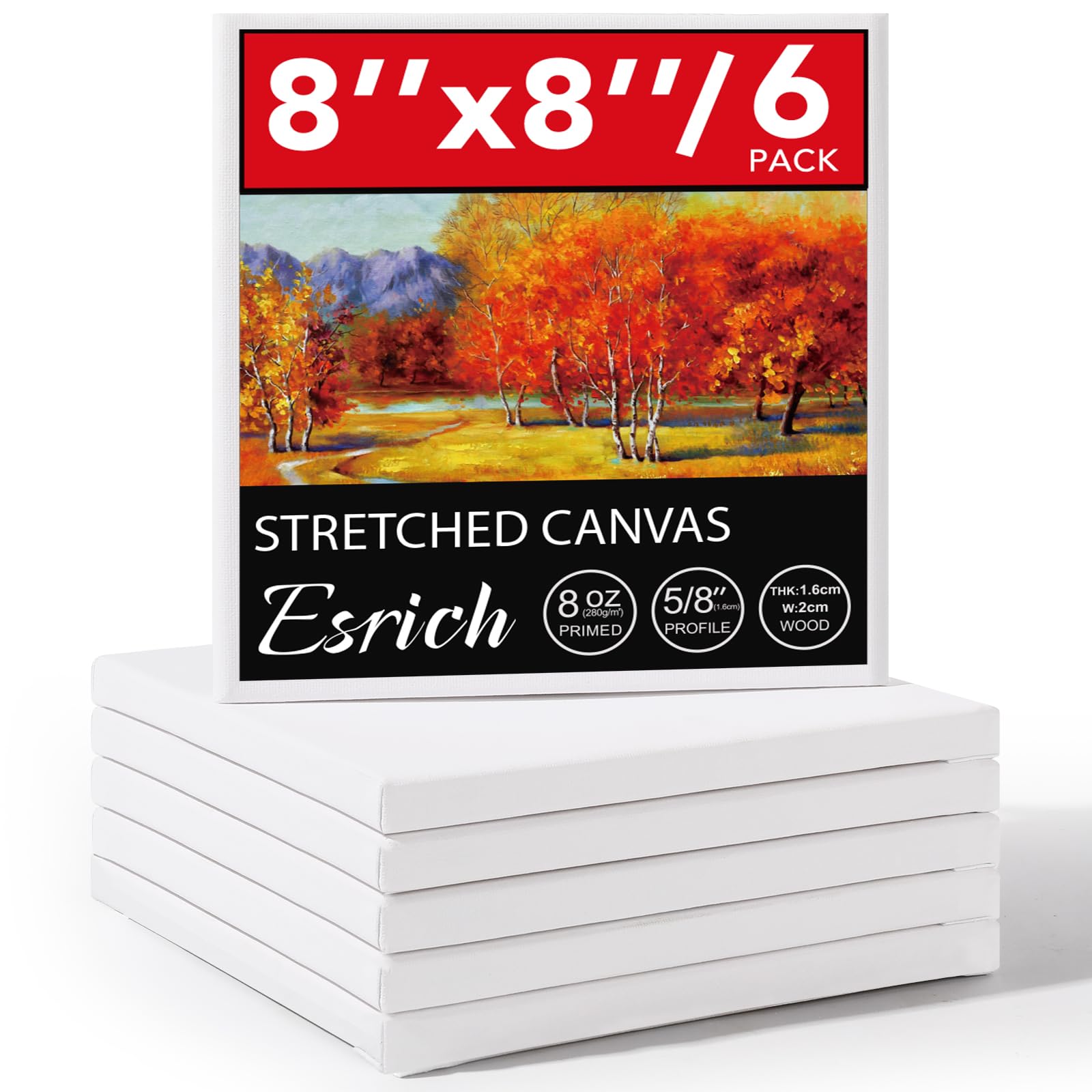 ESRICH Stretched Canvas, 6 Pack 8x8, Primed Acid-Free, Wood Framed Blank Canvas, Art Canvases for Beginners, Artists, Used for Oil, Acrylic Paint, Pouring Painting
