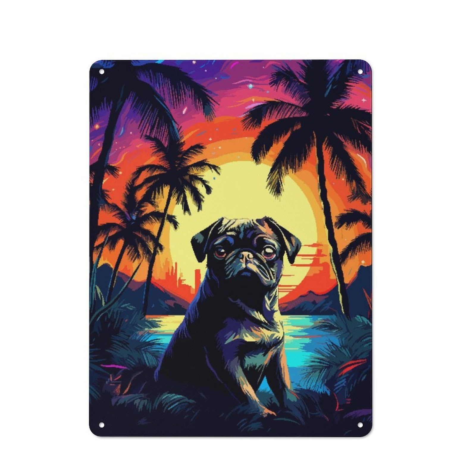 Junmoney Tropical Pug Pixel Art Metal Wall Sign 40X30cm Featuring For Café Or Restaurant, For Vintage Wall Decor Fans, For Metal Sign Collectors