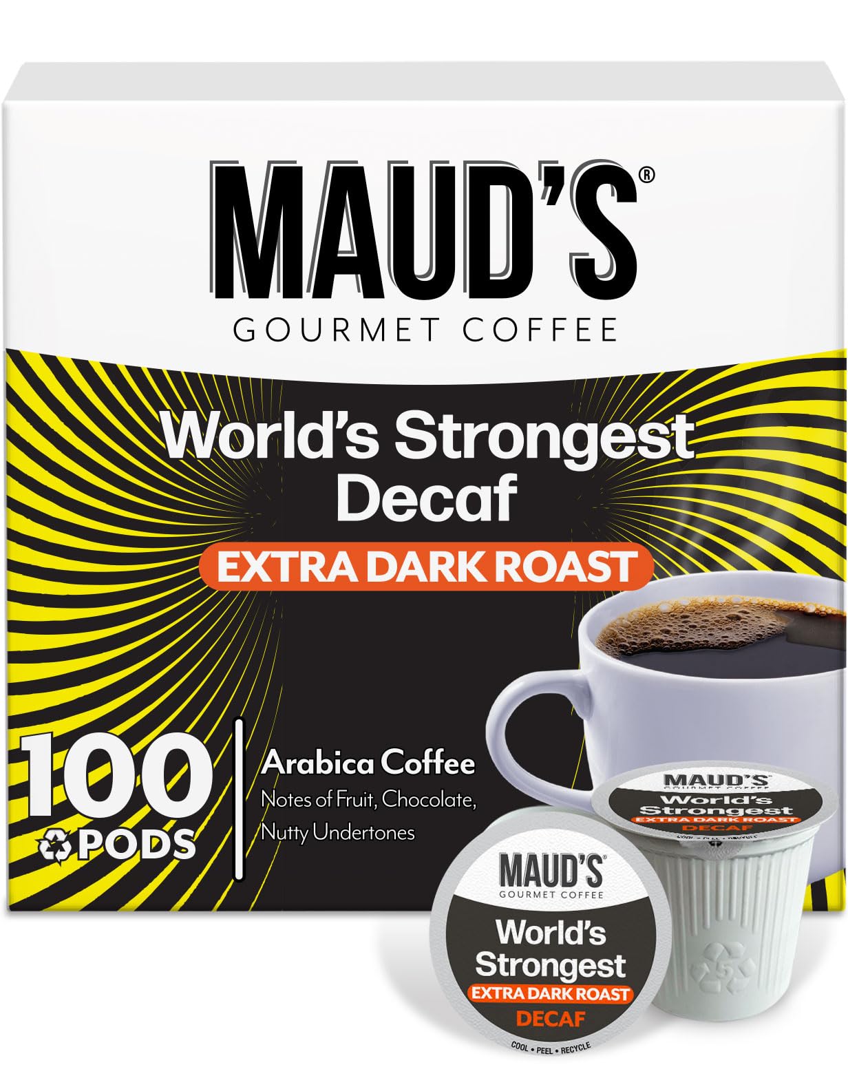 - World's Strongest Decaf Coffee Pods, 100 ct, Decaffeinated Dark Roast Coffee in Recyclable Single Serve Pods – 100% Arabica Coffee, Compatible with Keurig K Cups Maker