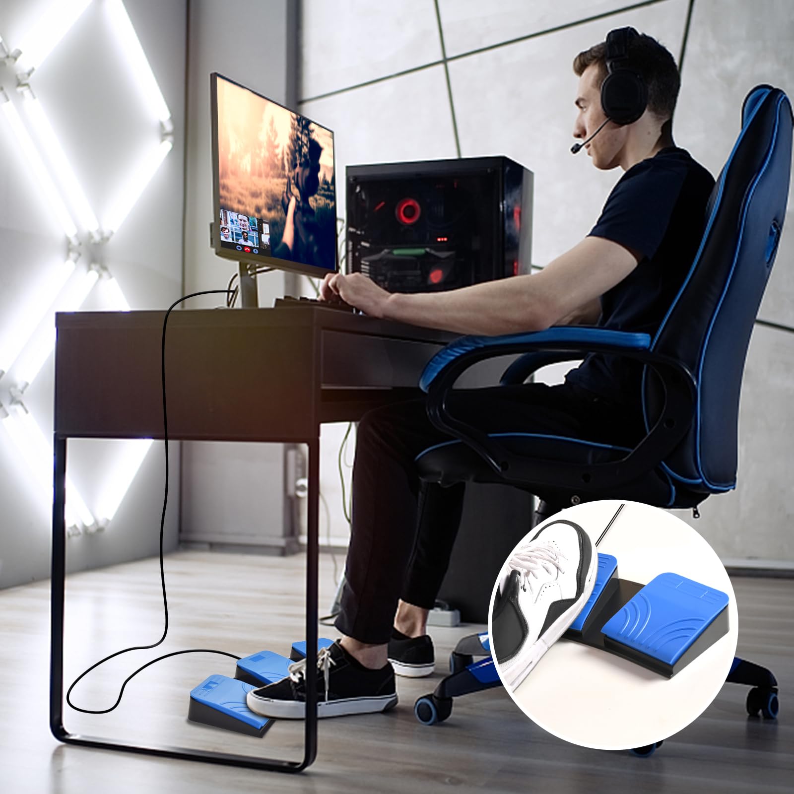 iKKEGOL Pedal de triple pie USB mejorado interruptor óptico control 3 teclas programa de tres botones teclado de computadora ratón juego acción HID azul (triple pedal)