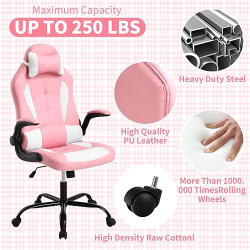 Miniatura 4 de Silla de oficina en casa, linda silla de juegos Kawaii rosa para niña, ergonómica, escritorio de carreras, oficina, ajustable, con respaldo alto,