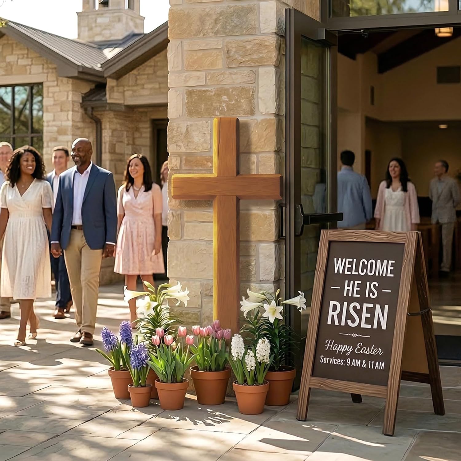 5.25 FT Easter Large Cross Cardboard Cutout, Life Size Christian Cross Stand Up Decoration, He is Risen Jesus Christ Catholic Religious Photo Props for Easter Baptism Church Sunday School