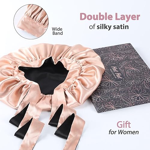 Miniatura 5 de Hat Hut Gorro de satén de seda para dormir para cabello rizado para mujer, gorro reversible de dos capas con banda de amarre