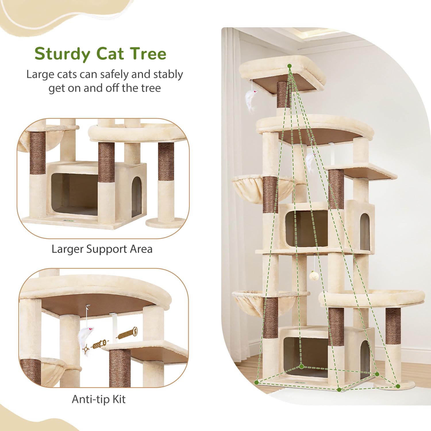 Globlazer Rascador beige XXL para gatos grandes, 192 cm, con 2 cuevas extragrandes, 50 x 30 x 30 cm, plataformas espaciosas, tronco de sisal, rascador estable con soportes para 3 – 5 gatos adultos