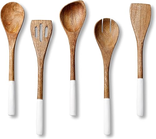 Folkulture Cucharas de madera para cocinar, juego de 5 utensilios de madera para cocinar, utensilios de cocina de madera antiadherentes, utensilios