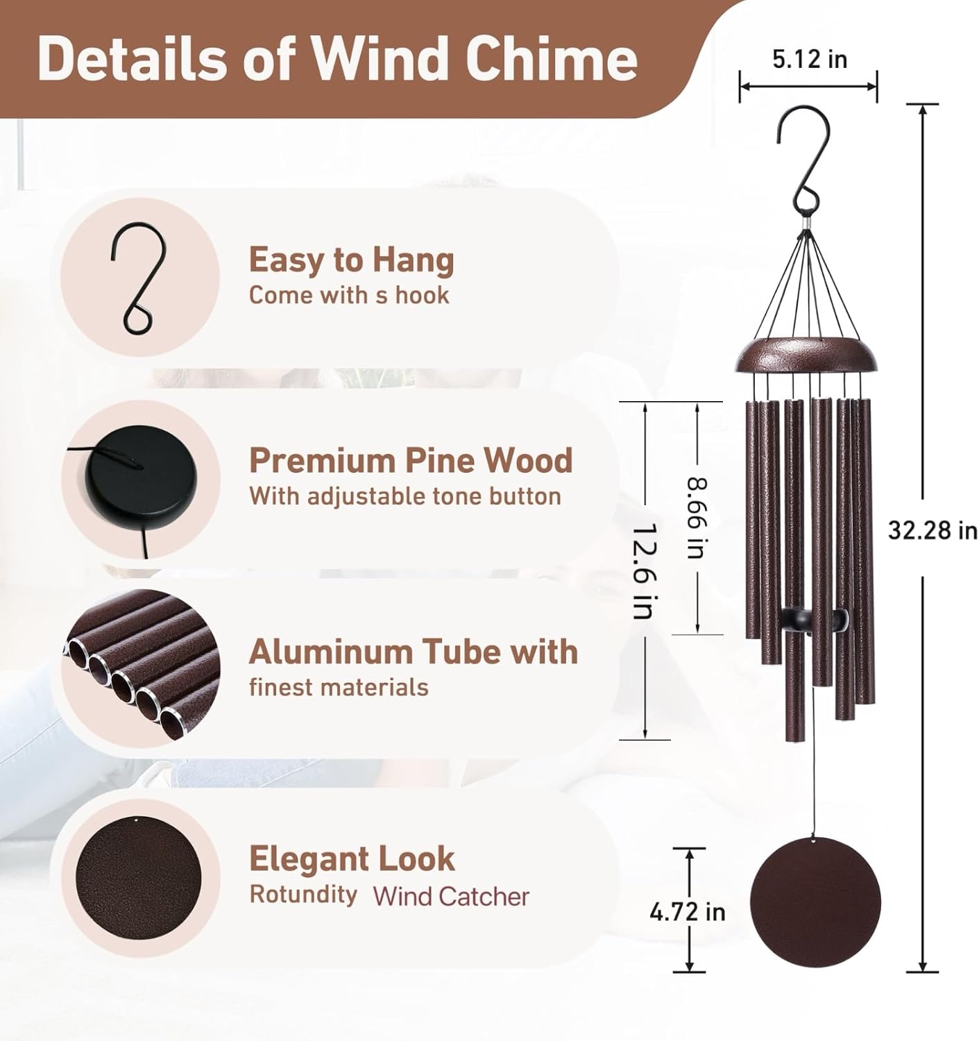 Wind Chimes for Outside - Deep Tone Soothing Melodic Tones, Outdoor Wind Chimes for Garden, Patio Decor, Memorial Sympathy Gift for Loss of Loved One （32''Bronze） - Image 2